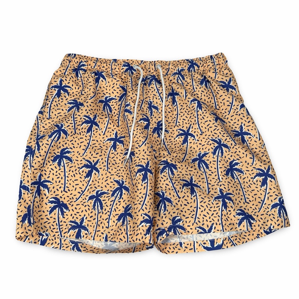Boardies‎ Apparel Mens Palm Tree Print Swim Trunks Tan Blue Size L Drawstring